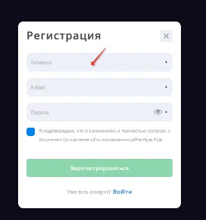 Форма регистрации в игре Lucky Jet