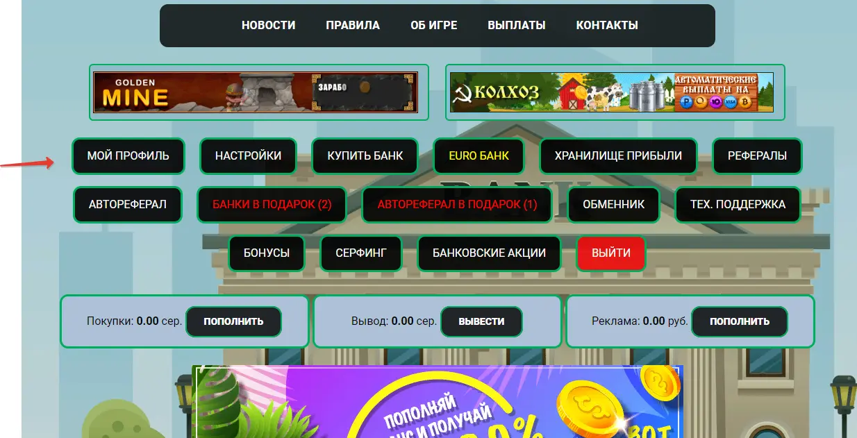 Профиль в игре Money Banks